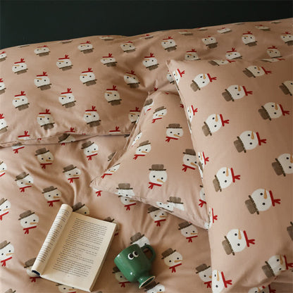 Set di biancheria da letto in cotone con pupazzo di neve natalizio (4 pezzi)