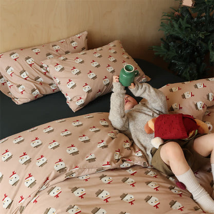 Set di biancheria da letto in cotone con pupazzo di neve natalizio (4 pezzi)