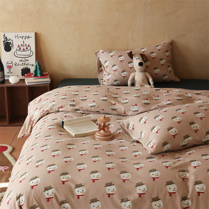 Set di biancheria da letto in cotone con pupazzo di neve natalizio (4 pezzi)