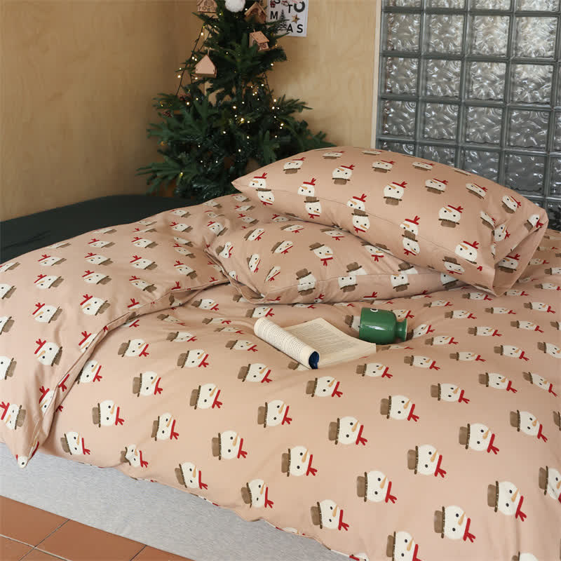 Set di biancheria da letto in cotone con pupazzo di neve natalizio (4 pezzi)
