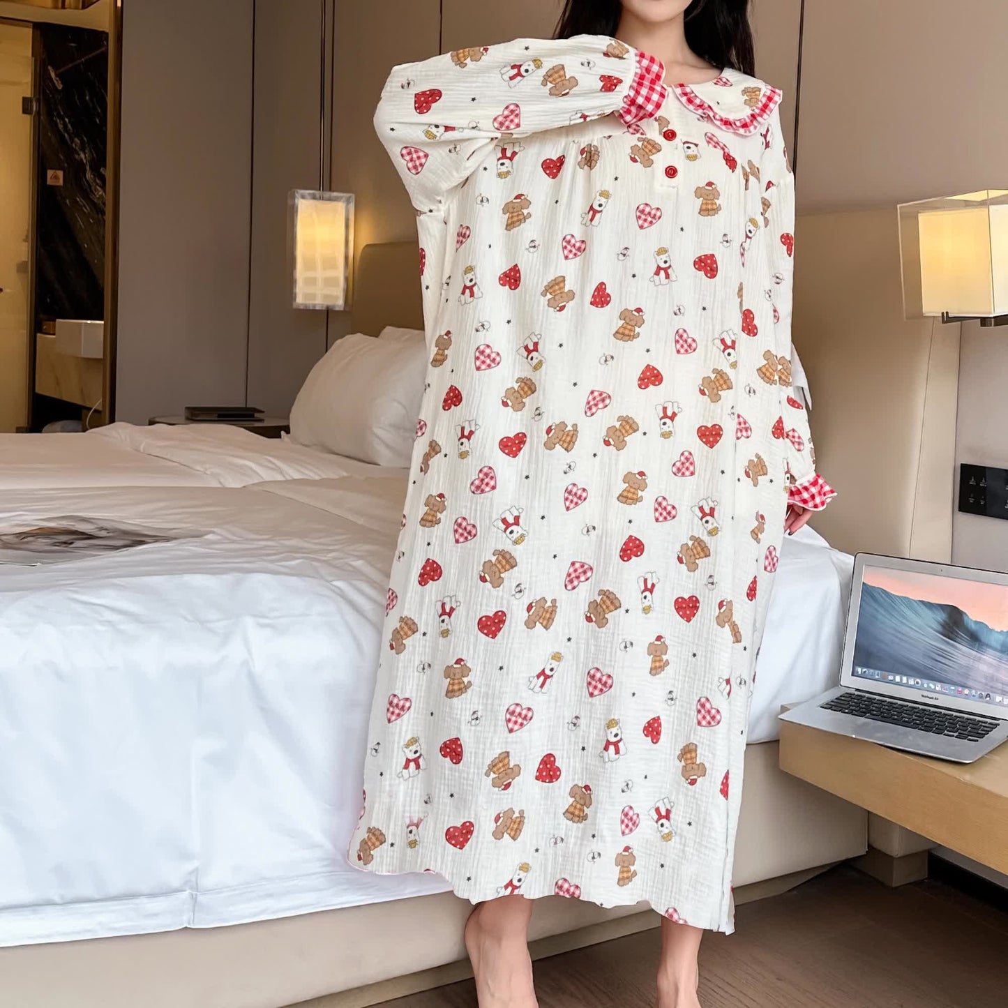 Camicia da notte lunga con colletto per bambola in cotone taglie forti