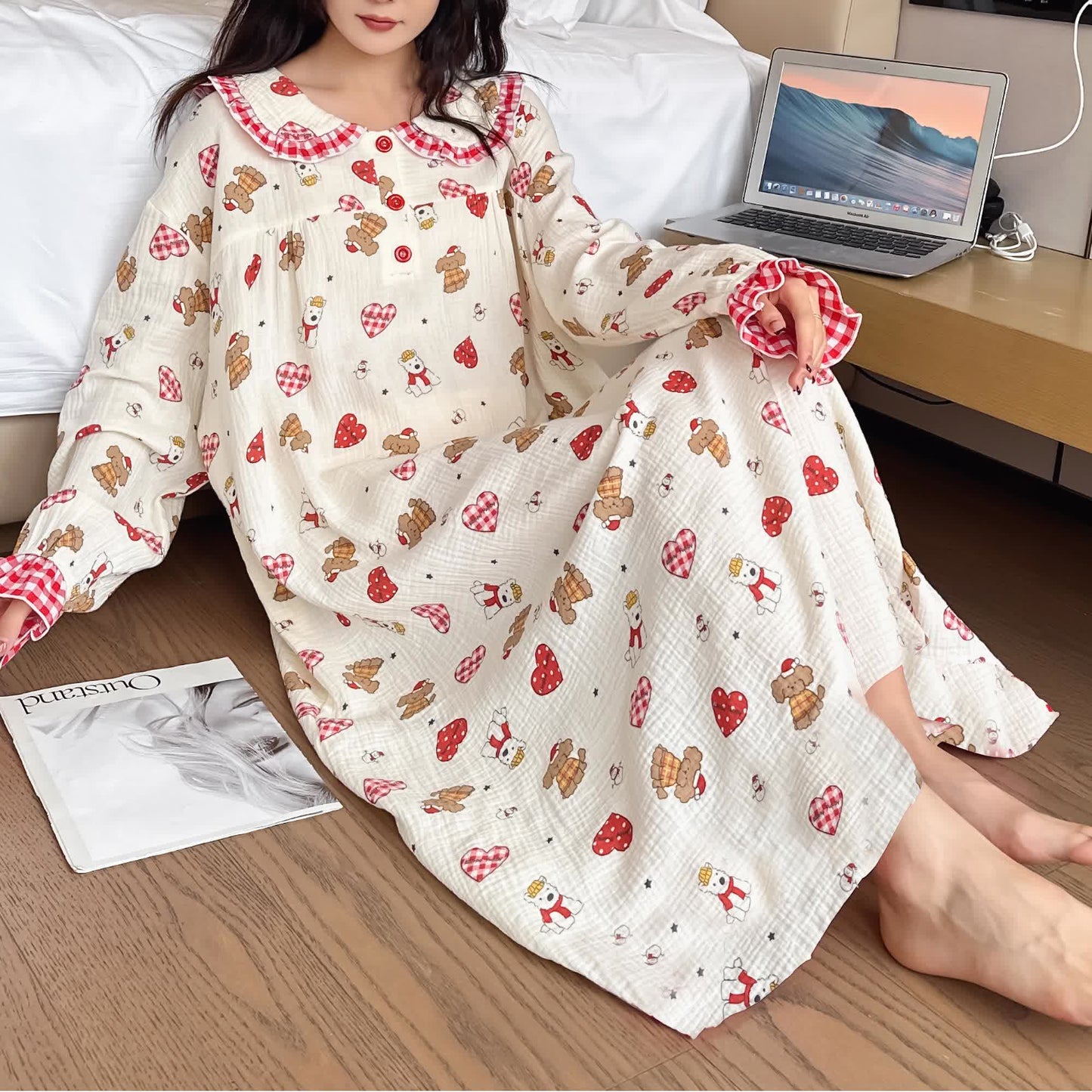 Camicia da notte lunga con colletto per bambola in cotone taglie forti