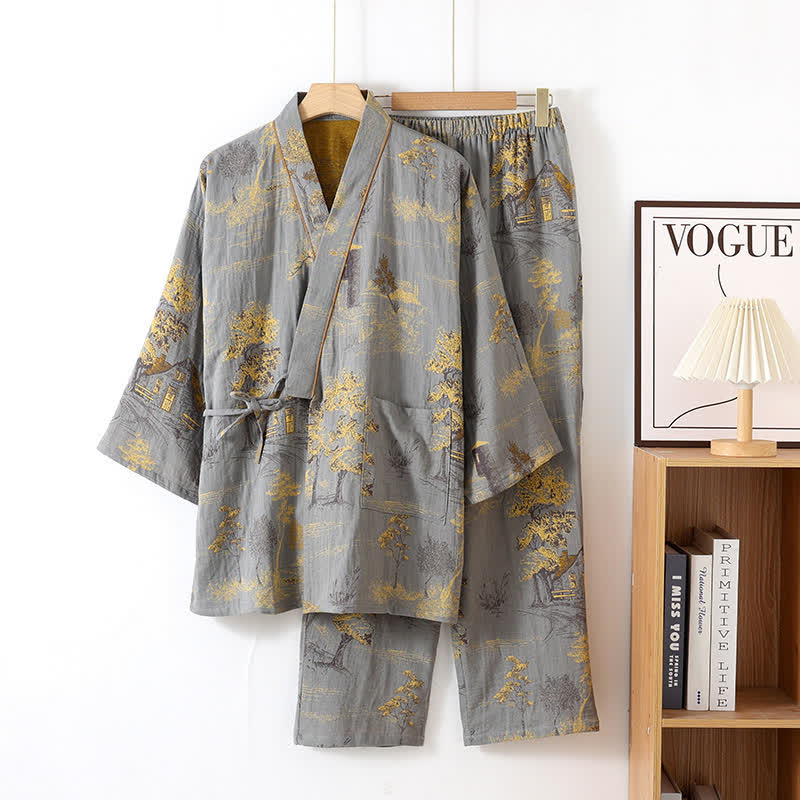 Pigiama in cotone con kimono con paesaggio neutro