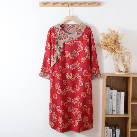 Camicia da notte leggera in garza di cotone con motivo a rose jacquard