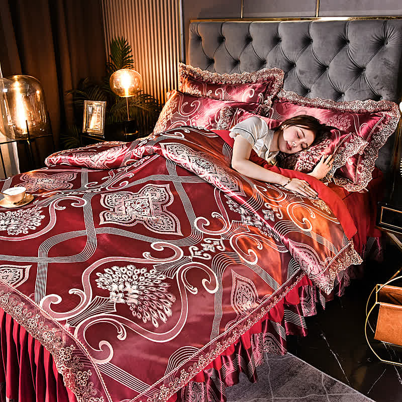 Set di biancheria da letto con gonna in raso jacquard (4 pezzi)