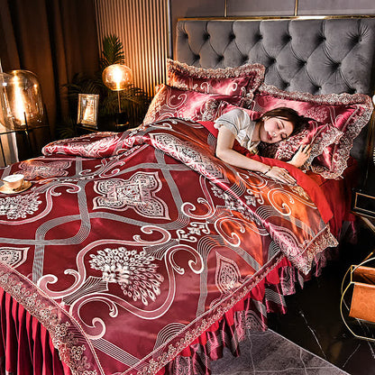 Set di biancheria da letto con gonna in raso jacquard (4 pezzi)