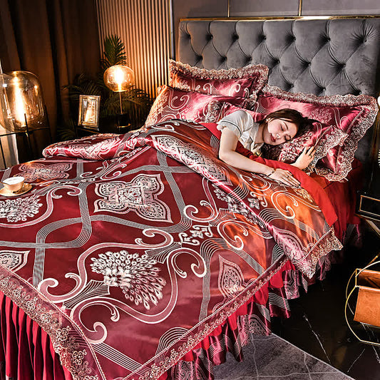 Set di biancheria da letto con gonna in raso jacquard (4 pezzi)