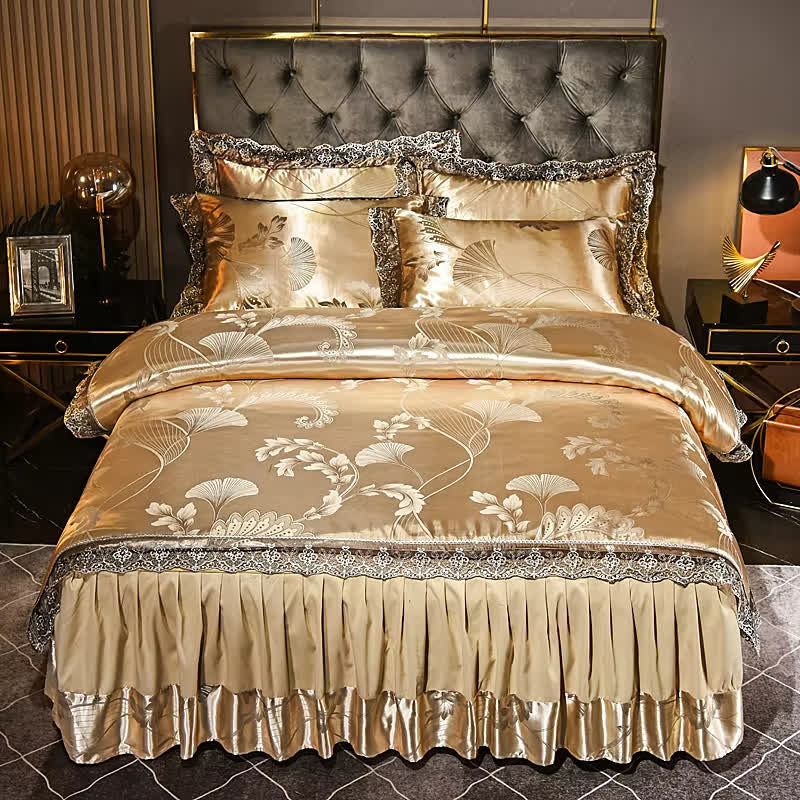 Set di biancheria da letto con gonna in raso e foglie di ginkgo (4 pezzi)