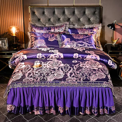 Set di biancheria da letto con bordo in pizzo floreale satinato (4 pezzi)