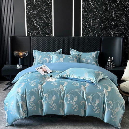Set di biancheria da letto in raso elegante con foglie di ginkgo (4 pezzi)