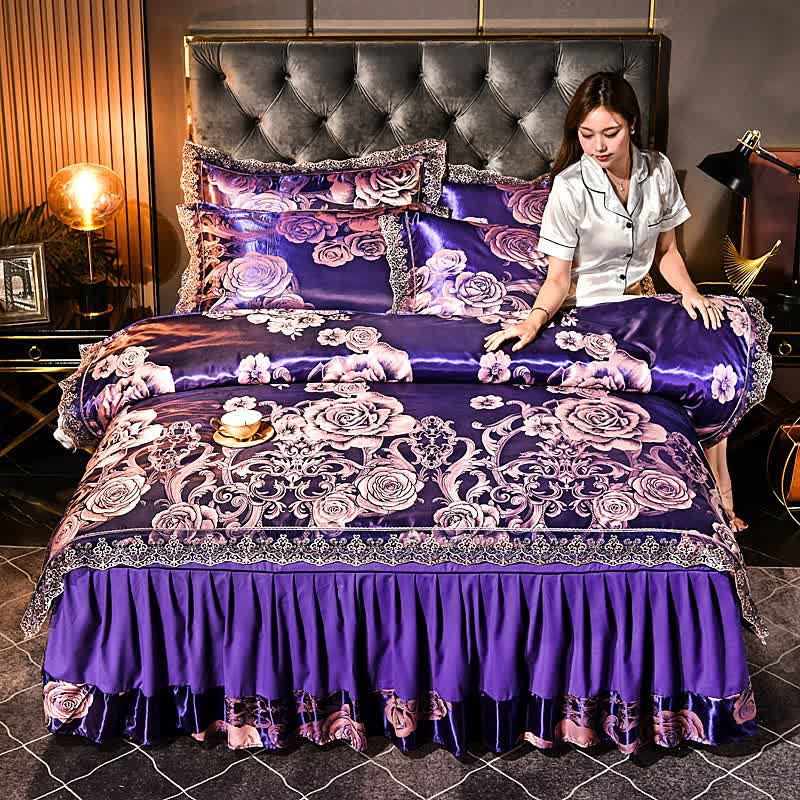 Set di biancheria da letto con bordo in pizzo floreale satinato (4 pezzi)