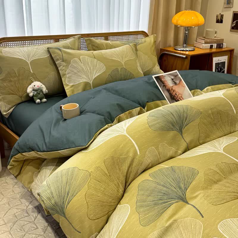 Biancheria da letto vintage in cotone spazzolato con foglie di ginkgo