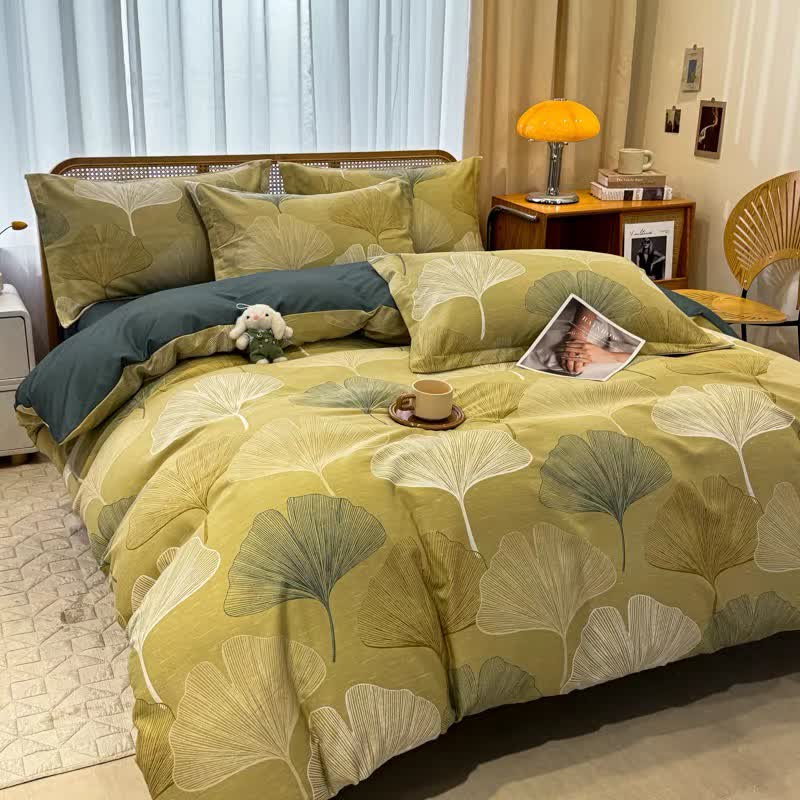 Biancheria da letto vintage in cotone spazzolato con foglie di ginkgo
