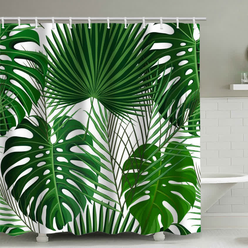 Tenda da doccia con foglie tropicali lussureggianti