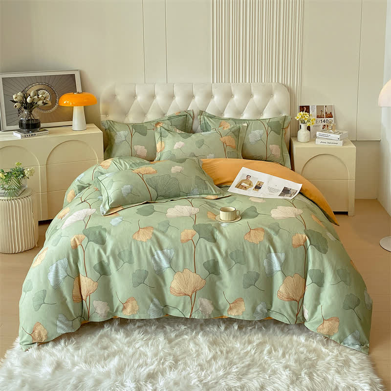 Set di biancheria da letto in cotone spazzolato con foglie di ginkgo (4 pezzi)