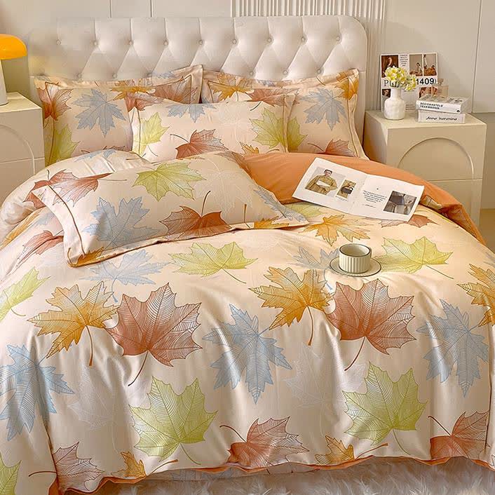 Set di biancheria da letto in morbido cotone spazzolato con motivo a foglia d'acero (4 pezzi)