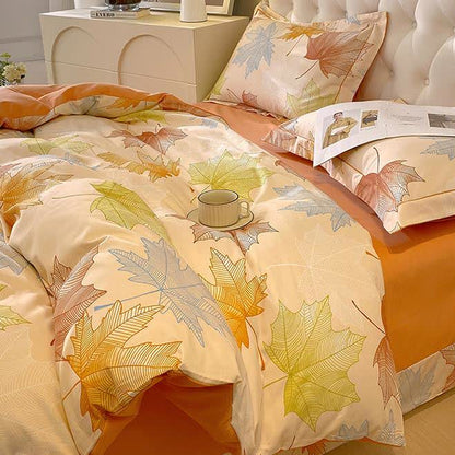 Set di biancheria da letto in morbido cotone spazzolato con motivo a foglia d'acero (4 pezzi)