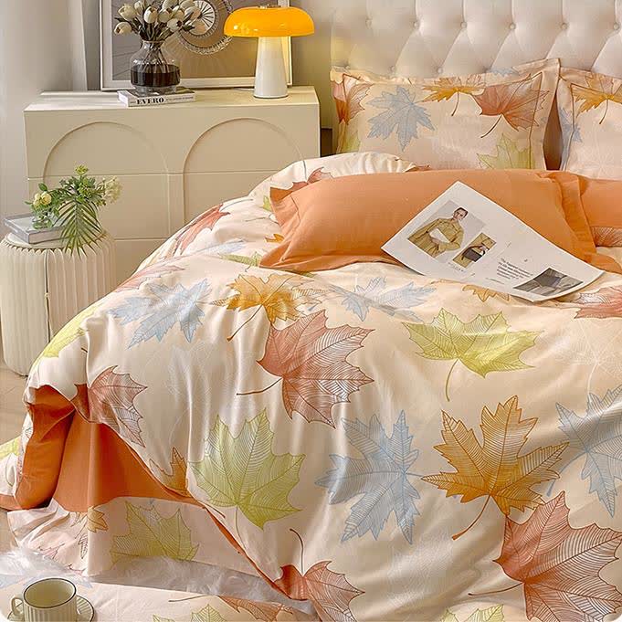 Set di biancheria da letto in morbido cotone spazzolato con motivo a foglia d'acero (4 pezzi)