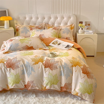 Set di biancheria da letto in morbido cotone spazzolato con motivo a foglia d'acero (4 pezzi)