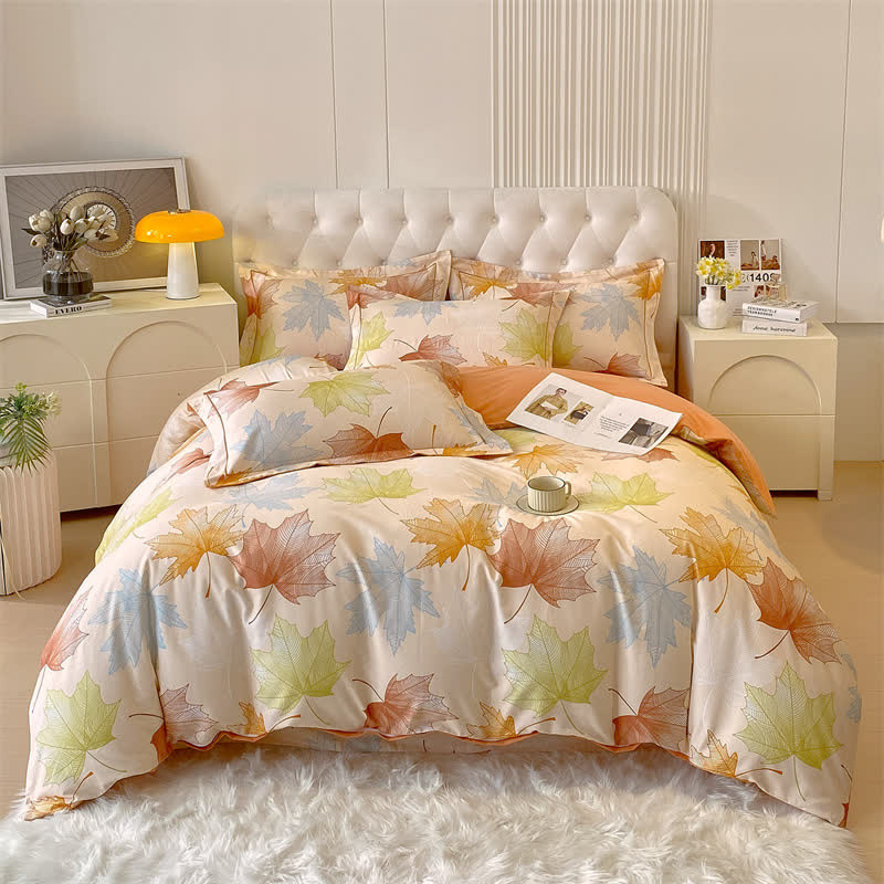 Set di biancheria da letto in morbido cotone spazzolato con motivo a foglia d'acero (4 pezzi)