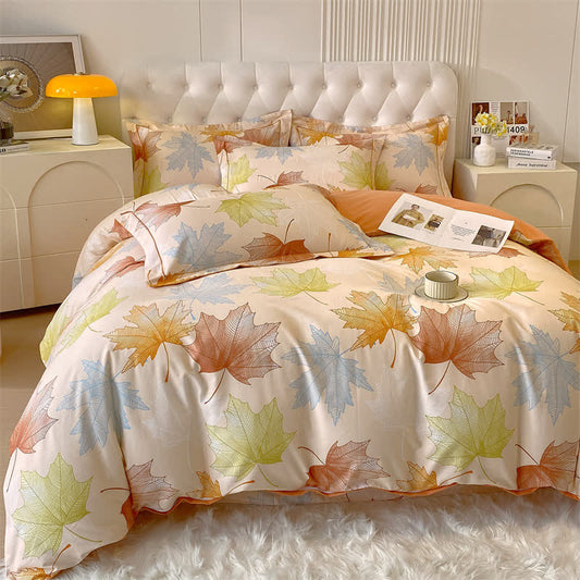 Set di biancheria da letto in morbido cotone spazzolato con motivo a foglia d'acero (4 pezzi)