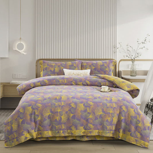 Set di biancheria da letto in cotone con bottoni e foglie di ginkgo (4 pezzi)