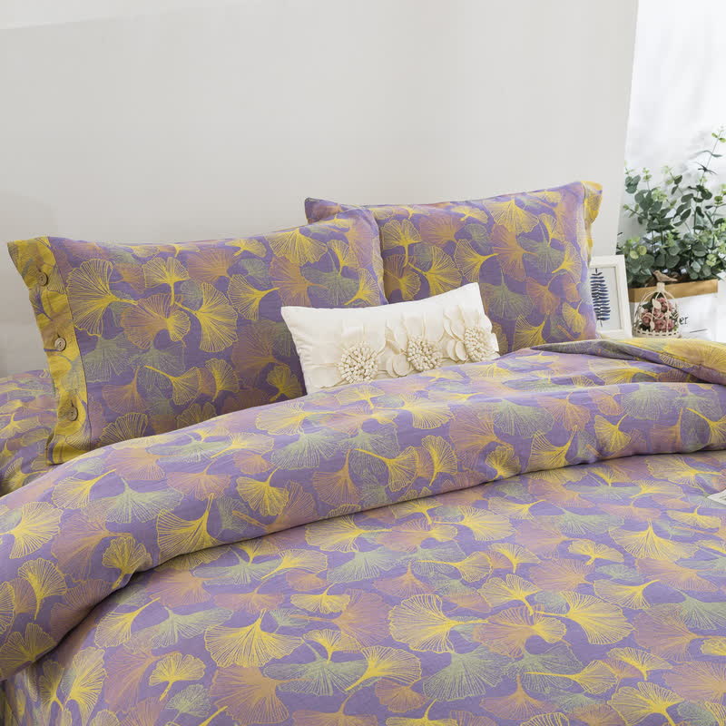 Set di biancheria da letto in cotone con bottoni e foglie di ginkgo (4 pezzi)