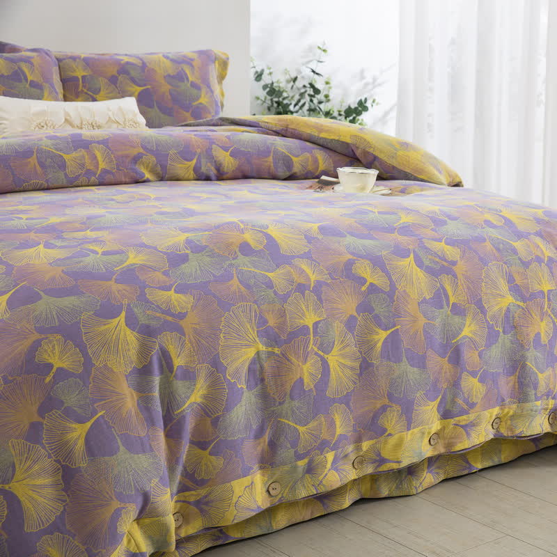 Set di biancheria da letto in cotone con bottoni e foglie di ginkgo (4 pezzi)