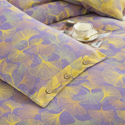 Set di biancheria da letto in cotone con bottoni e foglie di ginkgo (4 pezzi)