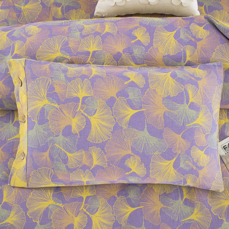 Set di biancheria da letto in cotone con bottoni e foglie di ginkgo (4 pezzi)