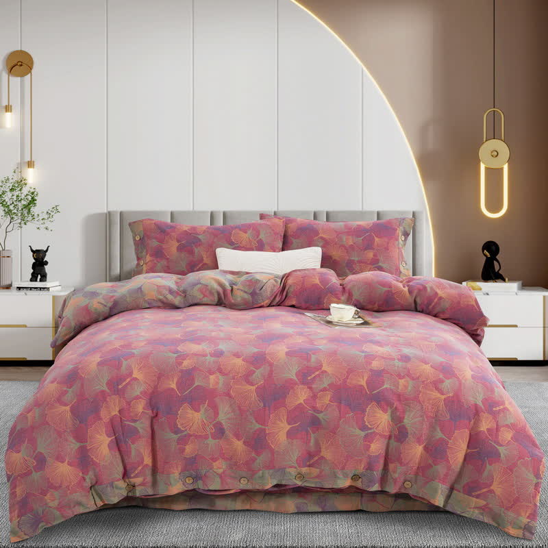 Set di biancheria da letto in cotone con bottoni e foglie di ginkgo (4 pezzi)
