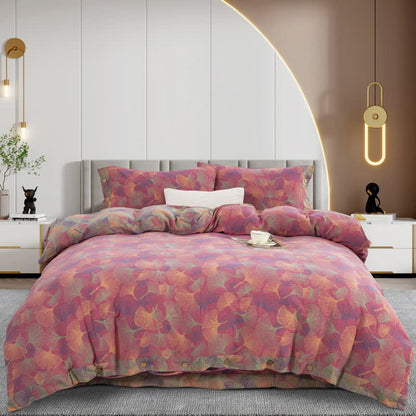 Set di biancheria da letto in cotone con bottoni e foglie di ginkgo (4 pezzi)