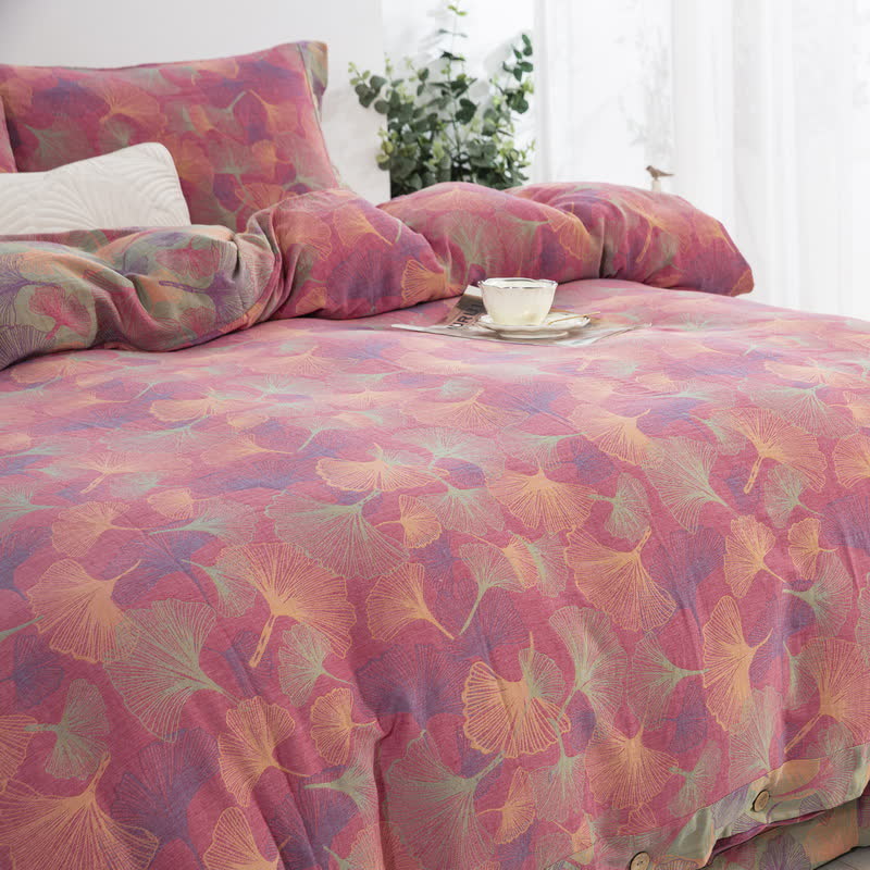 Set di biancheria da letto in cotone con bottoni e foglie di ginkgo (4 pezzi)