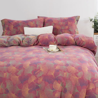 Set di biancheria da letto in cotone con bottoni e foglie di ginkgo (4 pezzi)