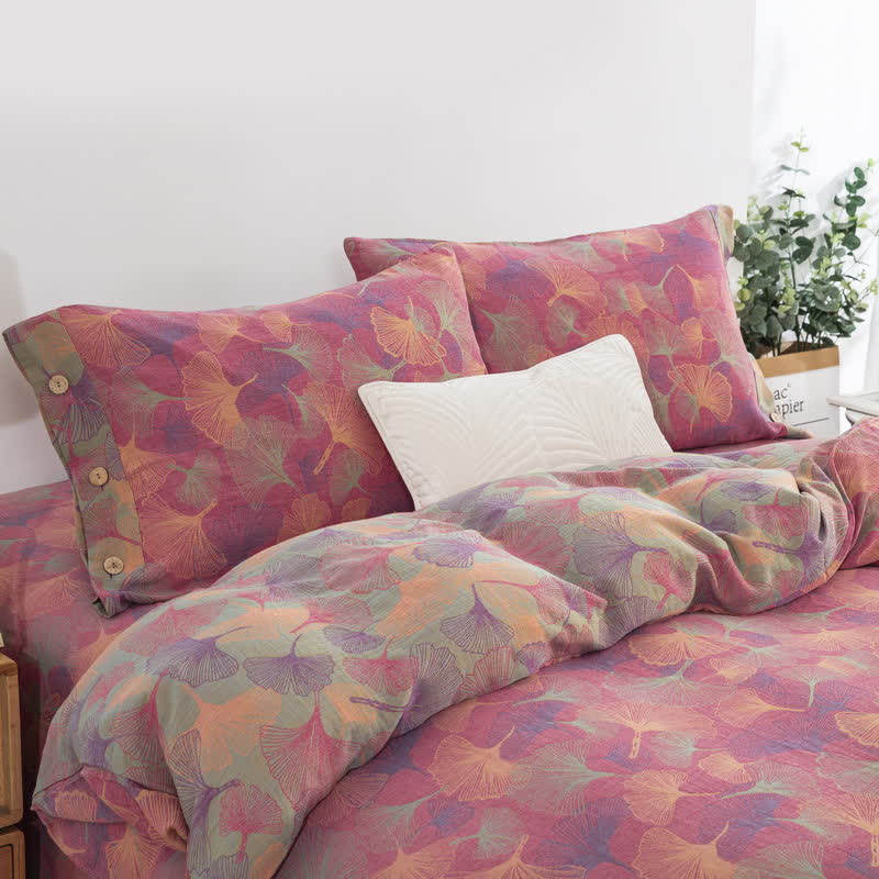Set di biancheria da letto in cotone con bottoni e foglie di ginkgo (4 pezzi)