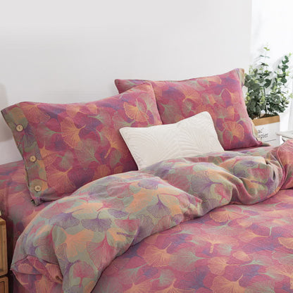 Set di biancheria da letto in cotone con bottoni e foglie di ginkgo (4 pezzi)
