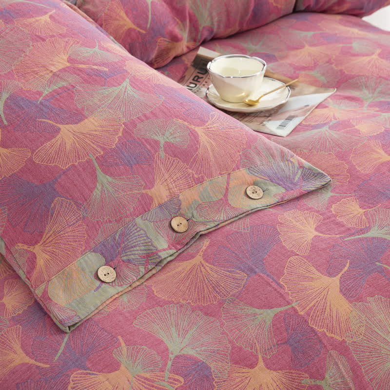Set di biancheria da letto in cotone con bottoni e foglie di ginkgo (4 pezzi)