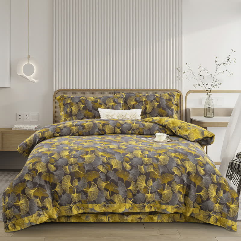 Set di biancheria da letto in cotone con bottoni e foglie di ginkgo (4 pezzi)