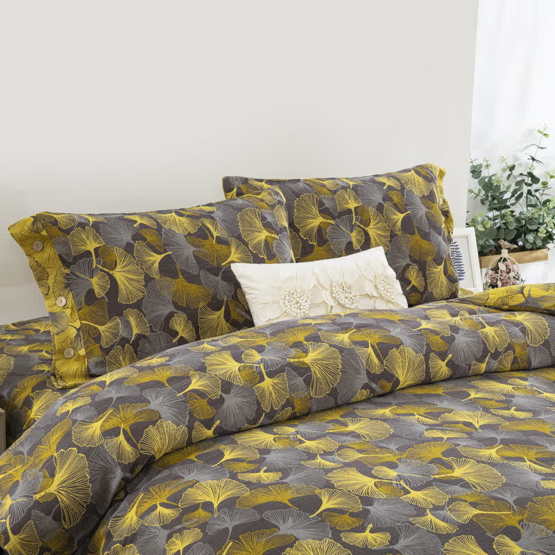 Set di biancheria da letto in cotone con bottoni e foglie di ginkgo (4 pezzi)
