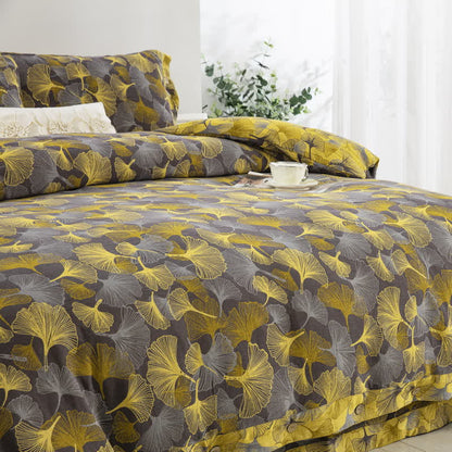 Set di biancheria da letto in cotone con bottoni e foglie di ginkgo (4 pezzi)