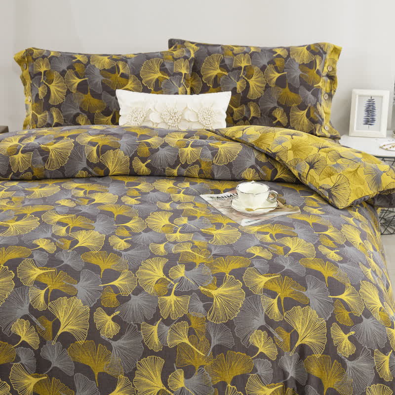 Set di biancheria da letto in cotone con bottoni e foglie di ginkgo (4 pezzi)