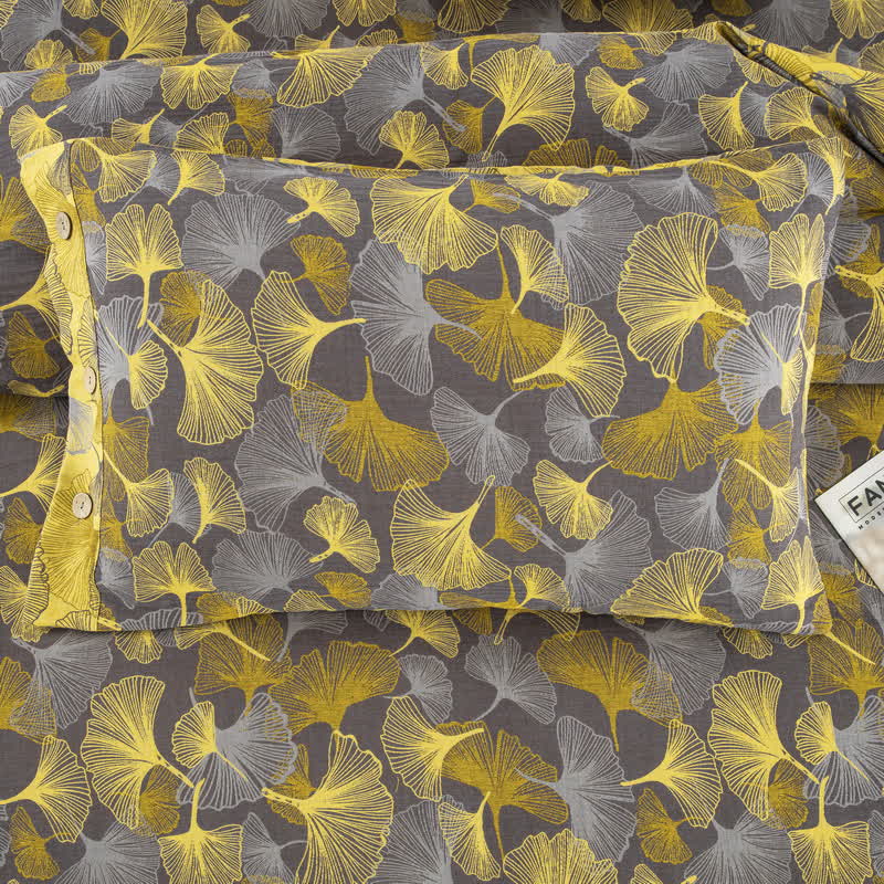 Set di biancheria da letto in cotone con bottoni e foglie di ginkgo (4 pezzi)