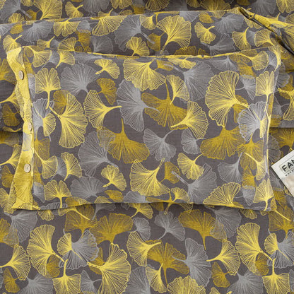 Set di biancheria da letto in cotone con bottoni e foglie di ginkgo (4 pezzi)