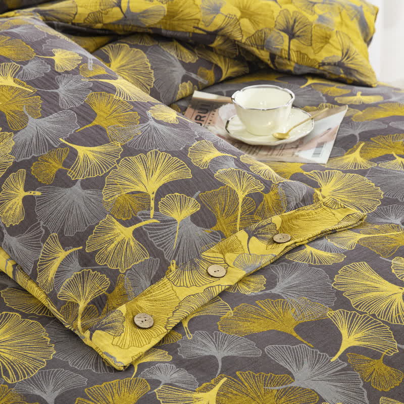 Set di biancheria da letto in cotone con bottoni e foglie di ginkgo (4 pezzi)