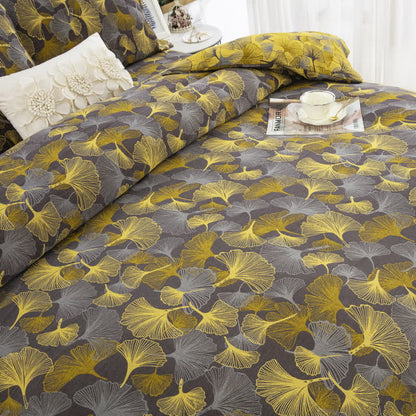 Set di biancheria da letto in cotone con bottoni e foglie di ginkgo (4 pezzi)
