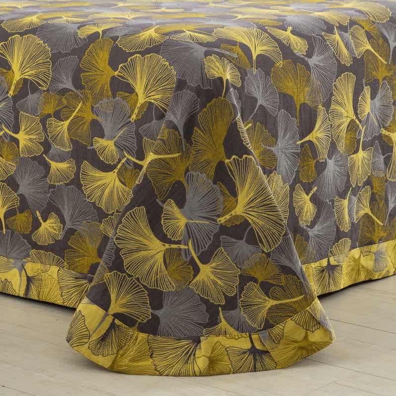 Set di biancheria da letto in cotone con bottoni e foglie di ginkgo (4 pezzi)