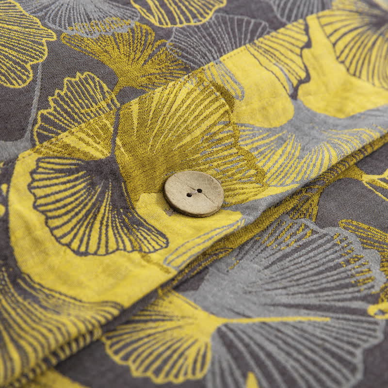Set di biancheria da letto in cotone con bottoni e foglie di ginkgo (4 pezzi)
