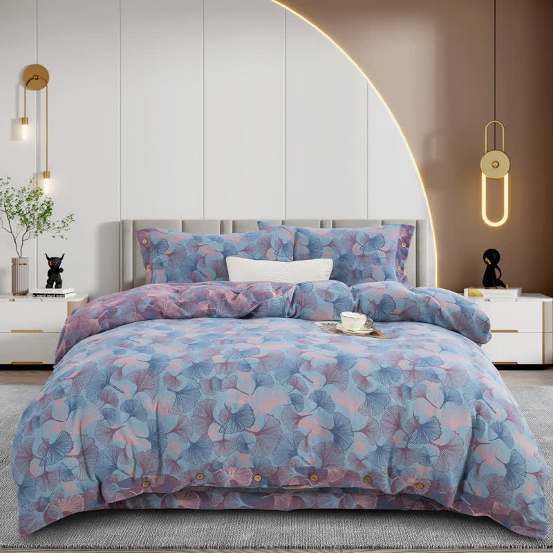 Set di biancheria da letto in cotone con bottoni e foglie di ginkgo (4 pezzi)