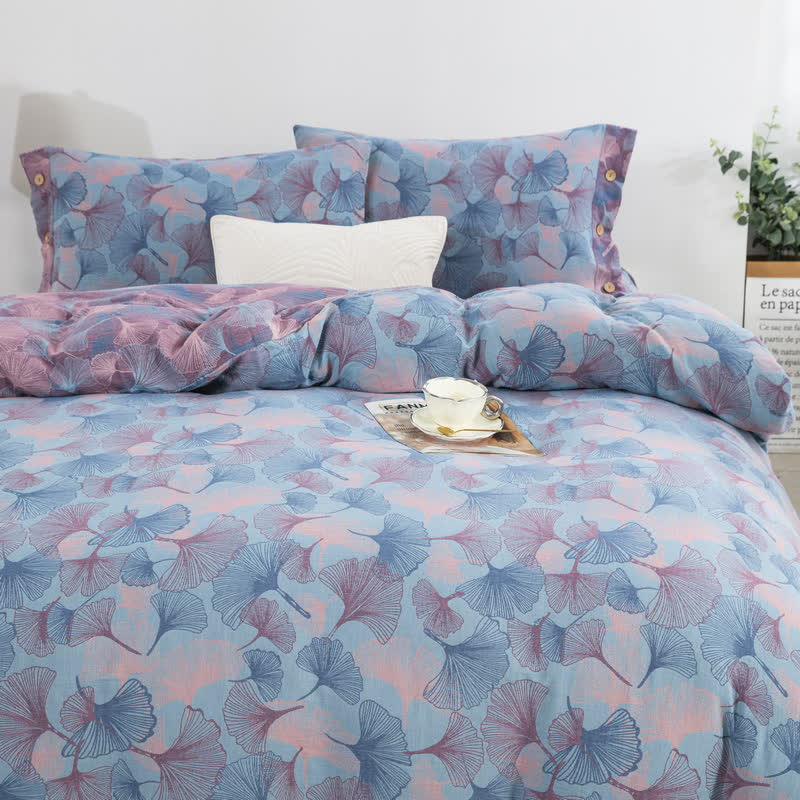 Set di biancheria da letto in cotone con bottoni e foglie di ginkgo (4 pezzi)