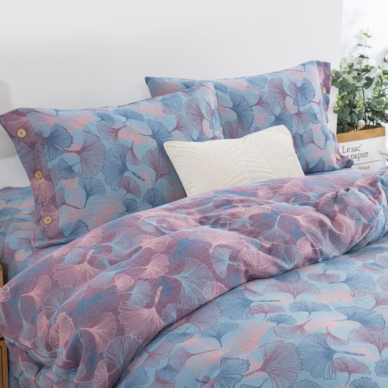 Set di biancheria da letto in cotone con bottoni e foglie di ginkgo (4 pezzi)